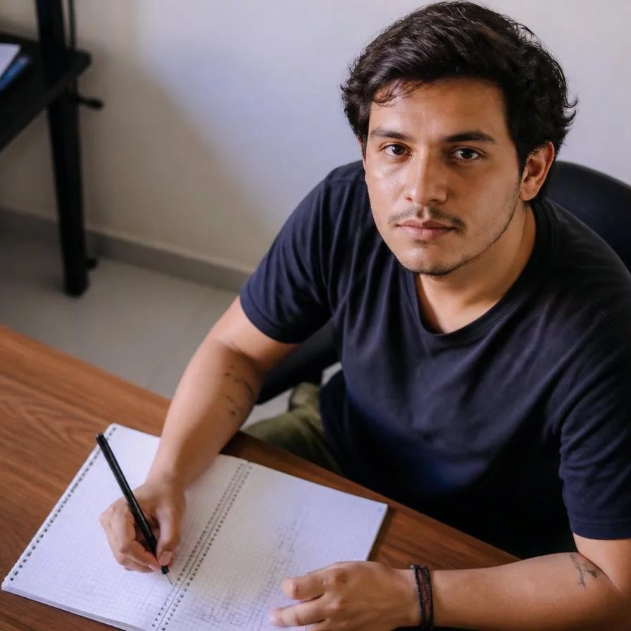 Duas pessoas relendo num tablet as notas da rodada anterior, apoiadas na mesa de madeira