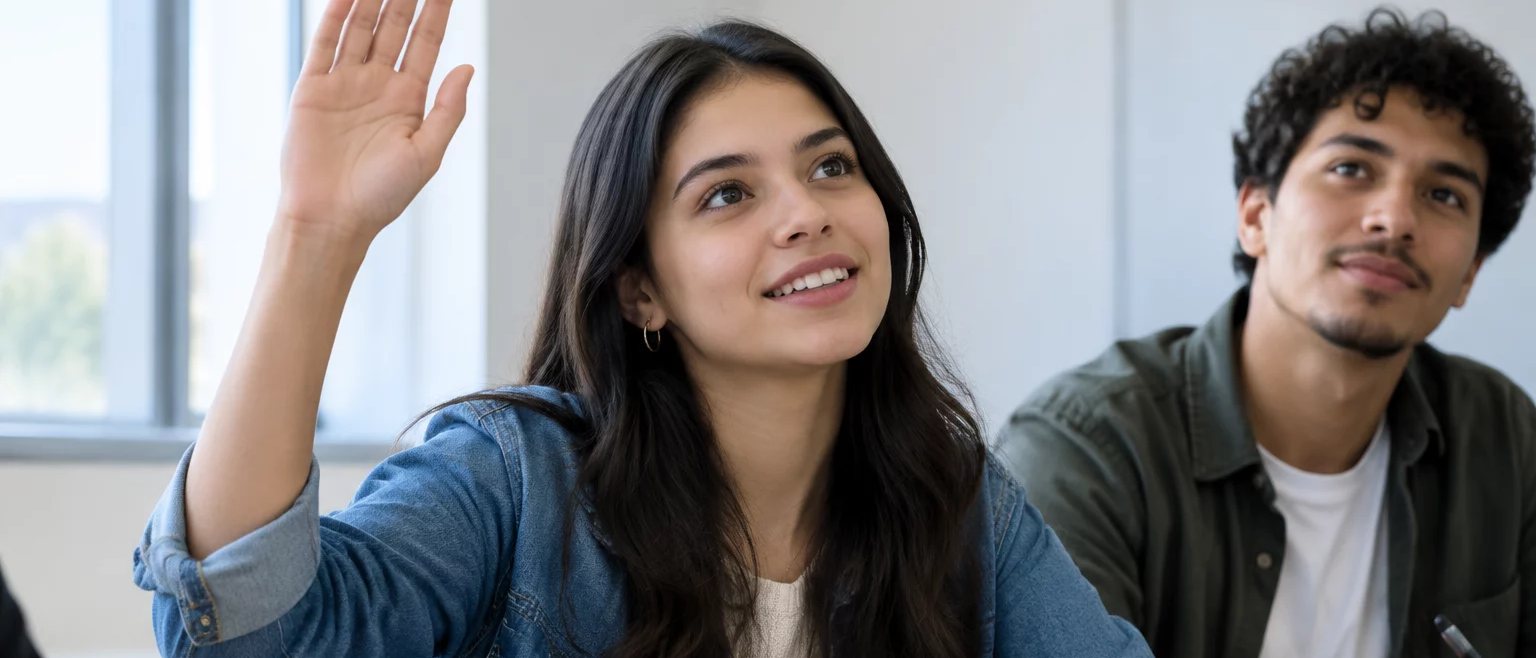 Participante com a mão erguida pedindo a vez, à mesa coberta de folhas escritas