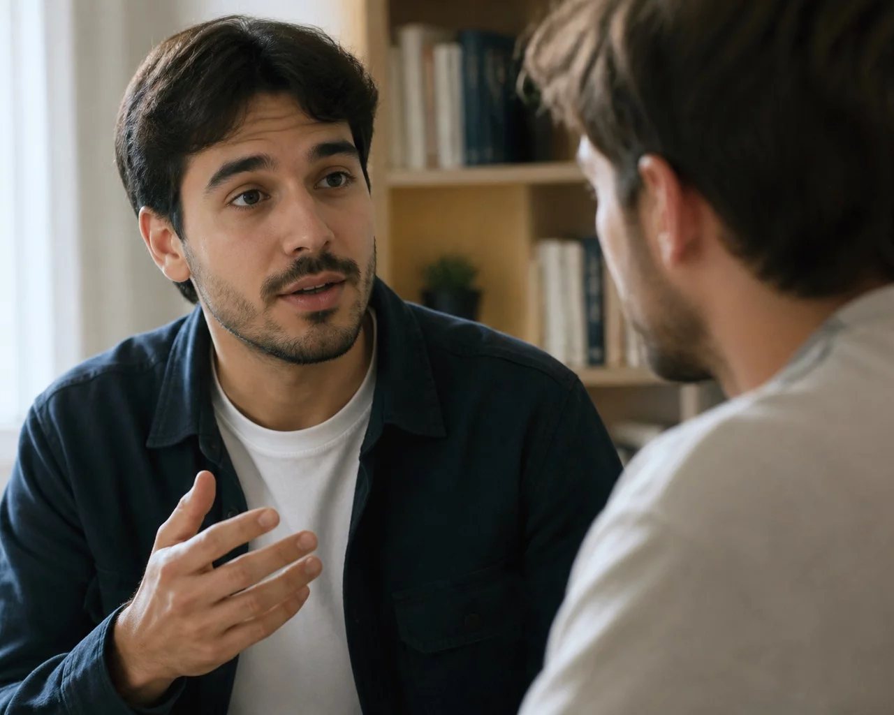 Pessoa em pé diante da turma sustentando um argumento com as anotações na mão