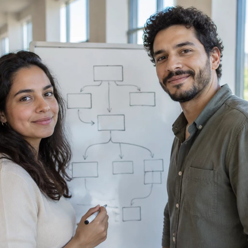 Duas participantes de pé junto ao quadro branco, desenhando as partes de um argumento
